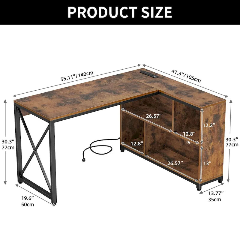 Bureau d'angle en L réversible marron/gris/blanc avec étagères, LED RGB et prises de courant, 1 personne
