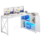 Bureau d'angle en L réversible marron/gris/blanc avec étagères, LED RGB et prises de courant, 1 personne