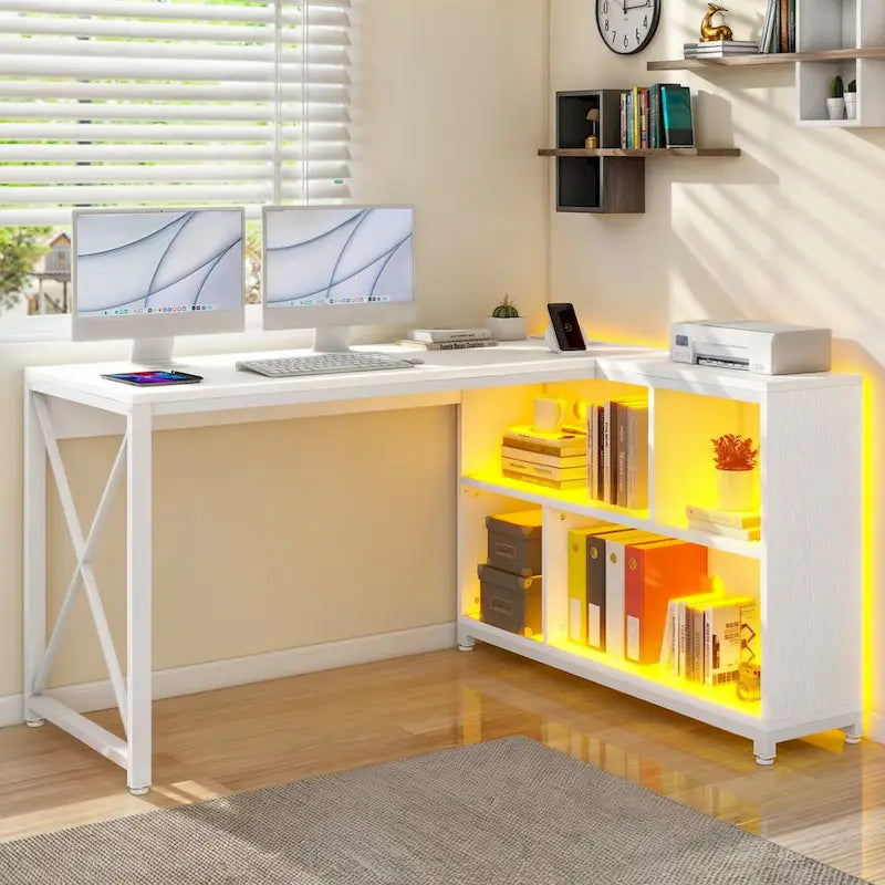 Bureau d'angle en L réversible marron/gris/blanc avec étagères, LED RGB et prises de courant, 1 personne