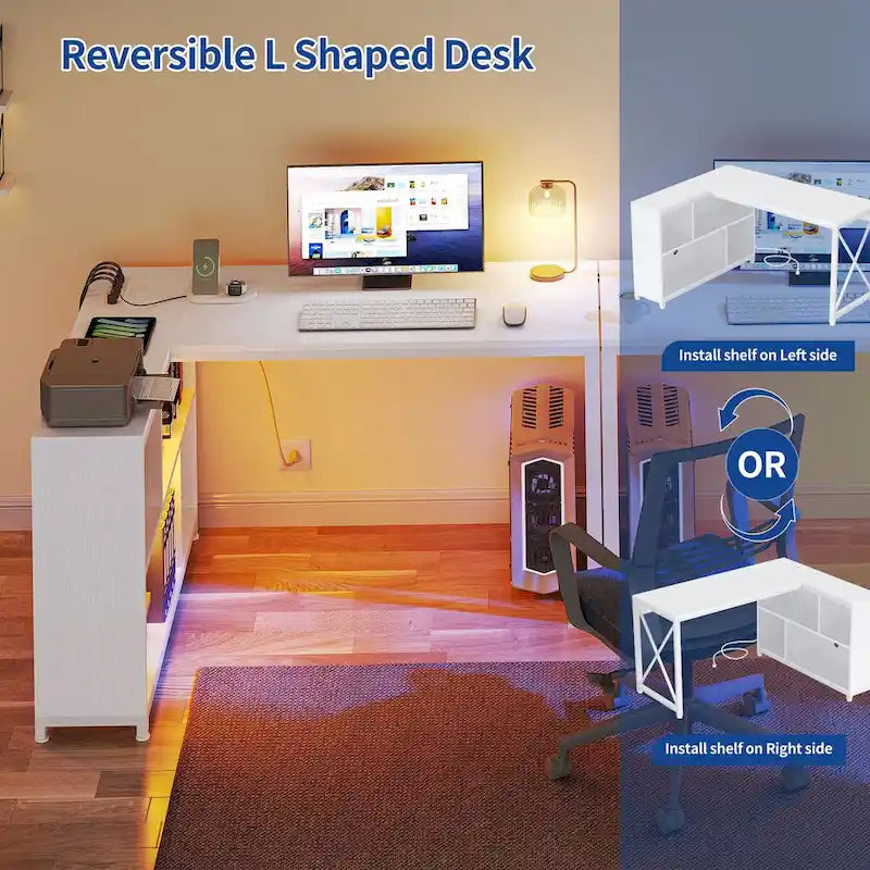 Bureau d'angle en L réversible marron/gris/blanc avec étagères, LED RGB et prises de courant, 1 personne