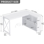 Bureau d'angle en L réversible marron/gris/blanc avec étagères, LED RGB et prises de courant, 1 personne
