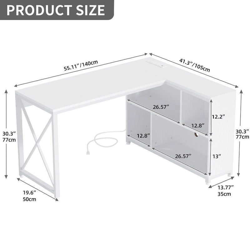 Bureau d'angle en L réversible marron/gris/blanc avec étagères, LED RGB et prises de courant, 1 personne