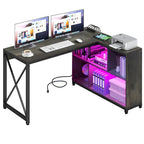 Bureau d'angle en L réversible marron/gris/blanc avec étagères, LED RGB et prises de courant, 1 personne