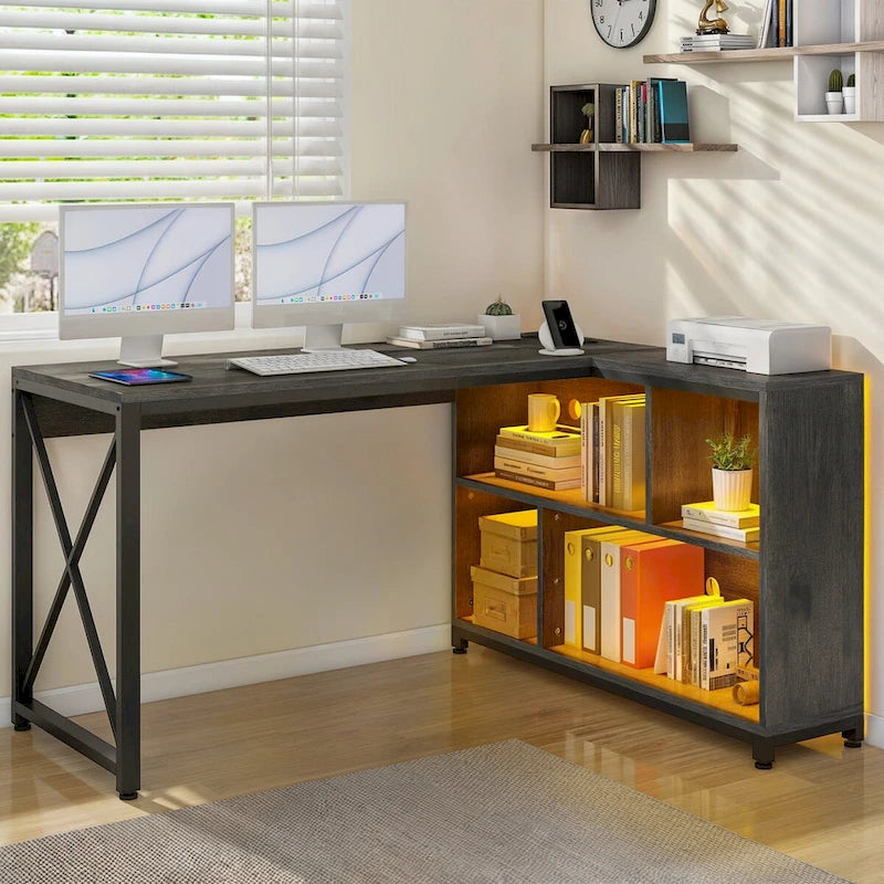 Bureau d'angle en L réversible marron/gris/blanc avec étagères, LED RGB et prises de courant, 1 personne