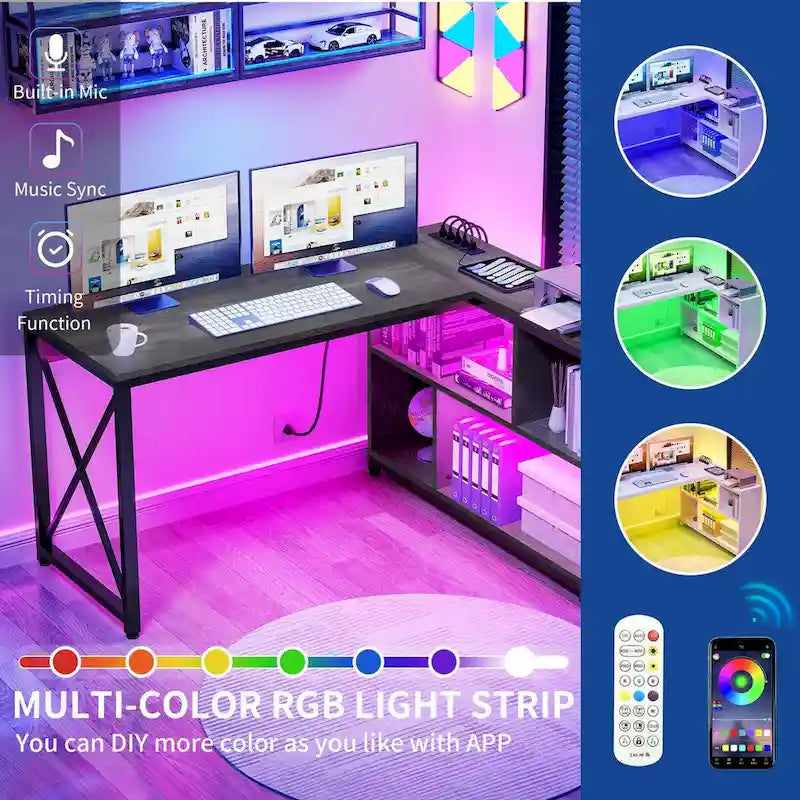 Bureau d'angle en L réversible marron/gris/blanc avec étagères, LED RGB et prises de courant, 1 personne