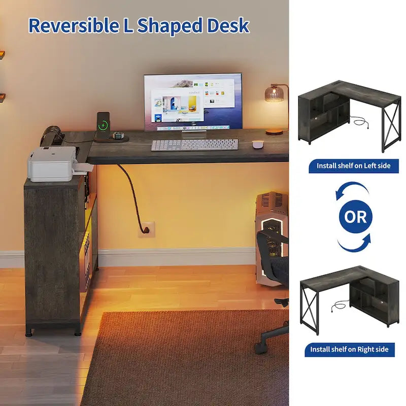 Bureau d'angle en L réversible marron/gris/blanc avec étagères, LED RGB et prises de courant, 1 personne