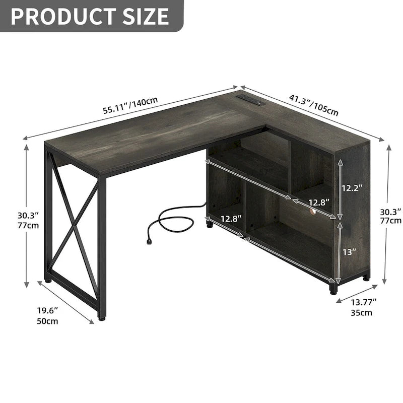 Bureau d'angle en L réversible marron/gris/blanc avec étagères, LED RGB et prises de courant, 1 personne