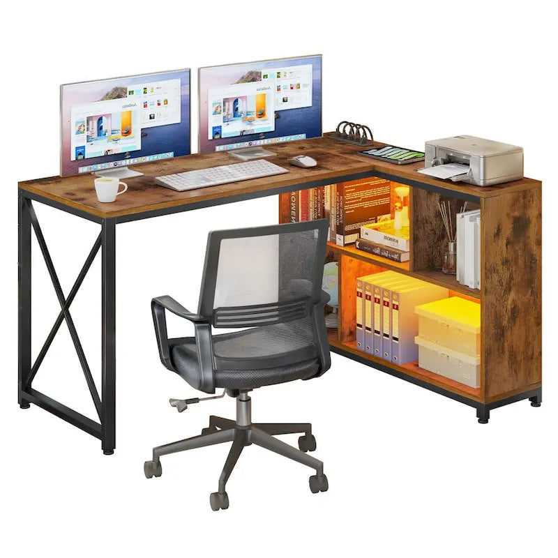 Bureau d'angle en L réversible marron/gris/blanc avec étagères, LED RGB et prises de courant, 1 personne