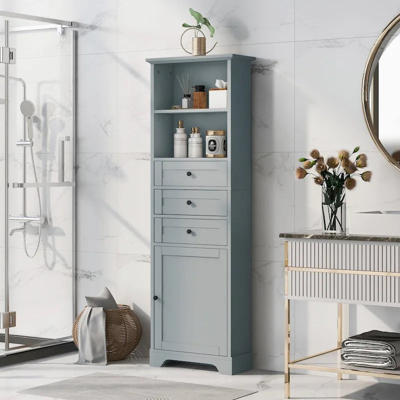 Meuble de Rangement Salle de Bain Indépendant Gris/Blanc avec 3 Tiroirs et Étagères Réglables