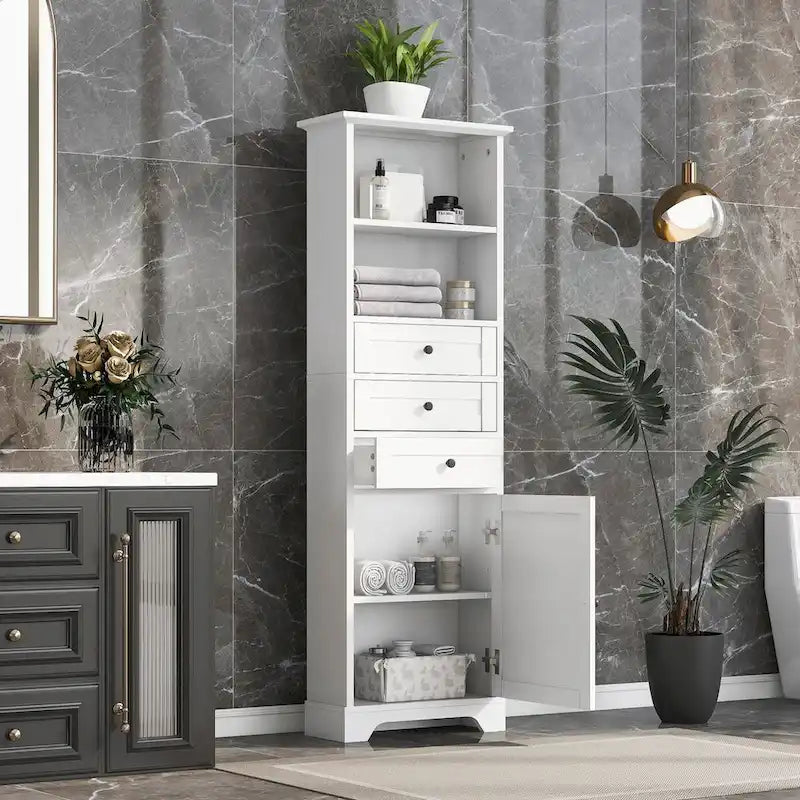 Meuble de Rangement Salle de Bain Indépendant Gris/Blanc avec 3 Tiroirs et Étagères Réglables