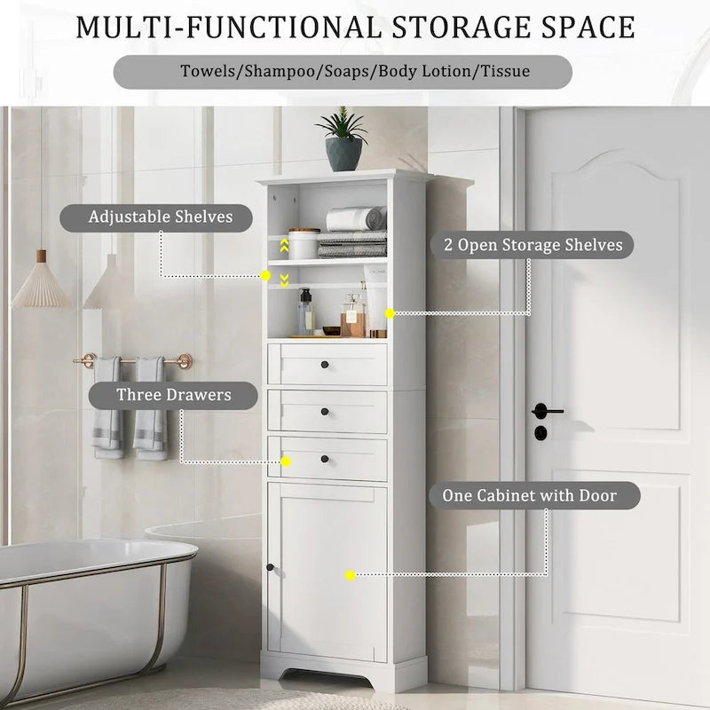 Meuble de Rangement Salle de Bain Indépendant Gris/Blanc avec 3 Tiroirs et Étagères Réglables