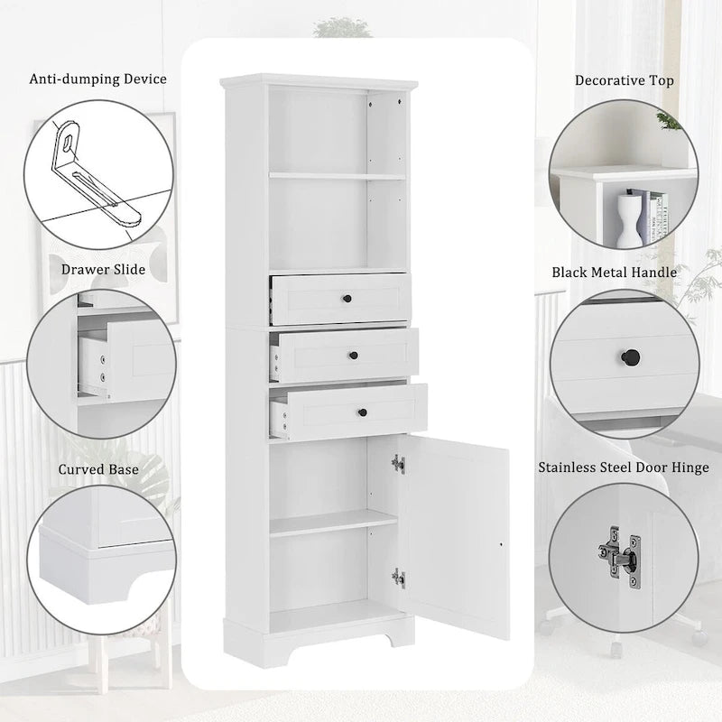 Meuble de Rangement Salle de Bain Indépendant Gris/Blanc avec 3 Tiroirs et Étagères Réglables