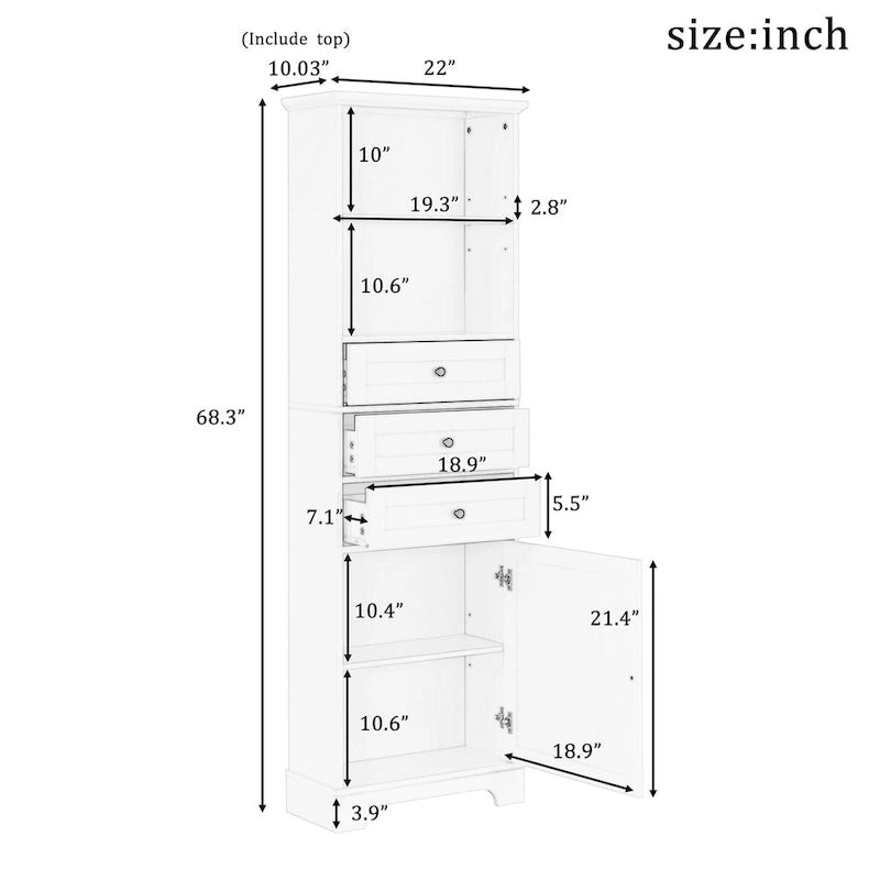 Meuble de Rangement Salle de Bain Indépendant Gris/Blanc avec 3 Tiroirs et Étagères Réglables