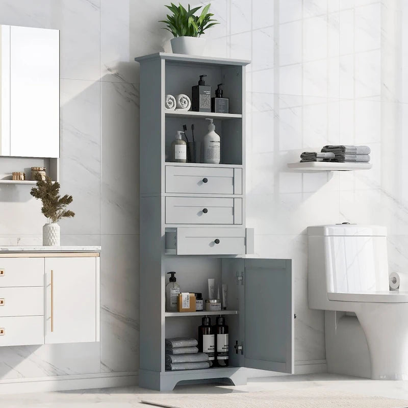 Meuble de Rangement Salle de Bain Indépendant Gris/Blanc avec 3 Tiroirs et Étagères Réglables