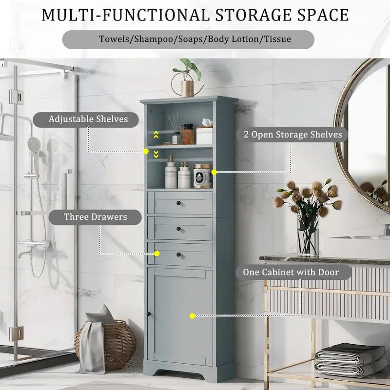 Meuble de Rangement Salle de Bain Indépendant Gris/Blanc avec 3 Tiroirs et Étagères Réglables