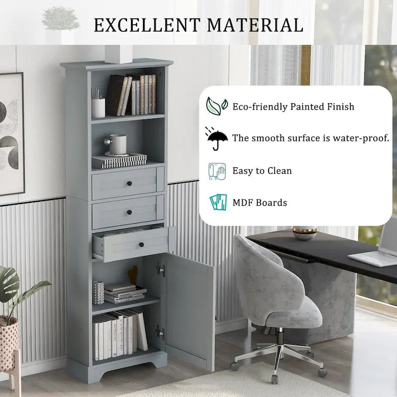 Meuble de Rangement Salle de Bain Indépendant Gris/Blanc avec 3 Tiroirs et Étagères Réglables