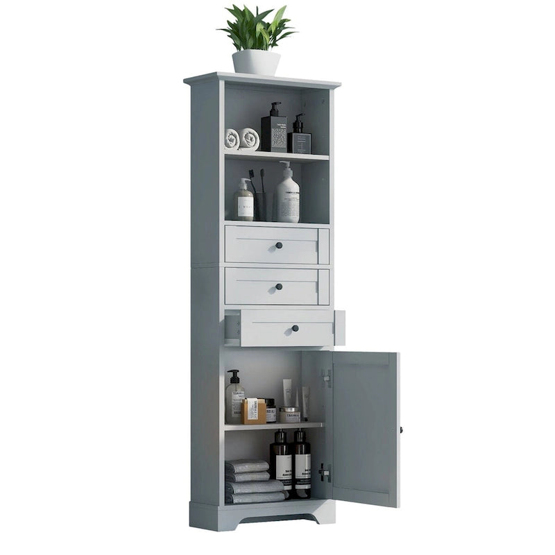 Meuble de Rangement Salle de Bain Indépendant Gris/Blanc avec 3 Tiroirs et Étagères Réglables