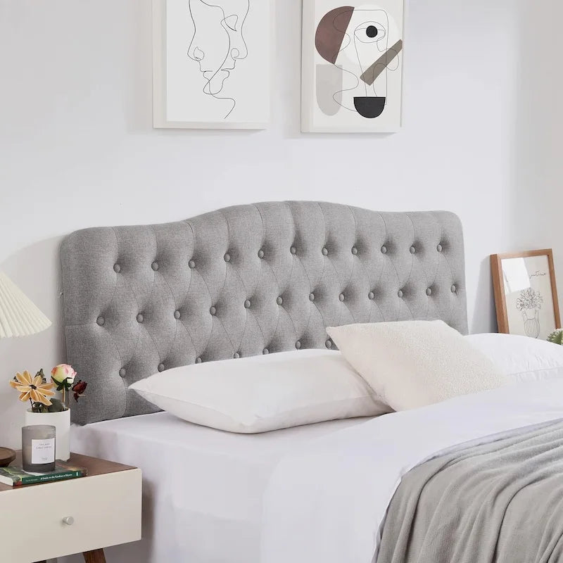 Tête de lit capitonnée en lin beige/gris pour grand lit avec hauteur réglable, 1 personne