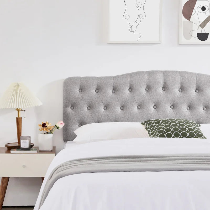 Tête de lit capitonnée en lin beige/gris pour grand lit avec hauteur réglable, 1 personne