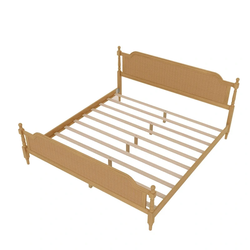 Cadre de lit plateforme en noyer / rotin blanc, King / Queen, aucun sommier tapissier requis