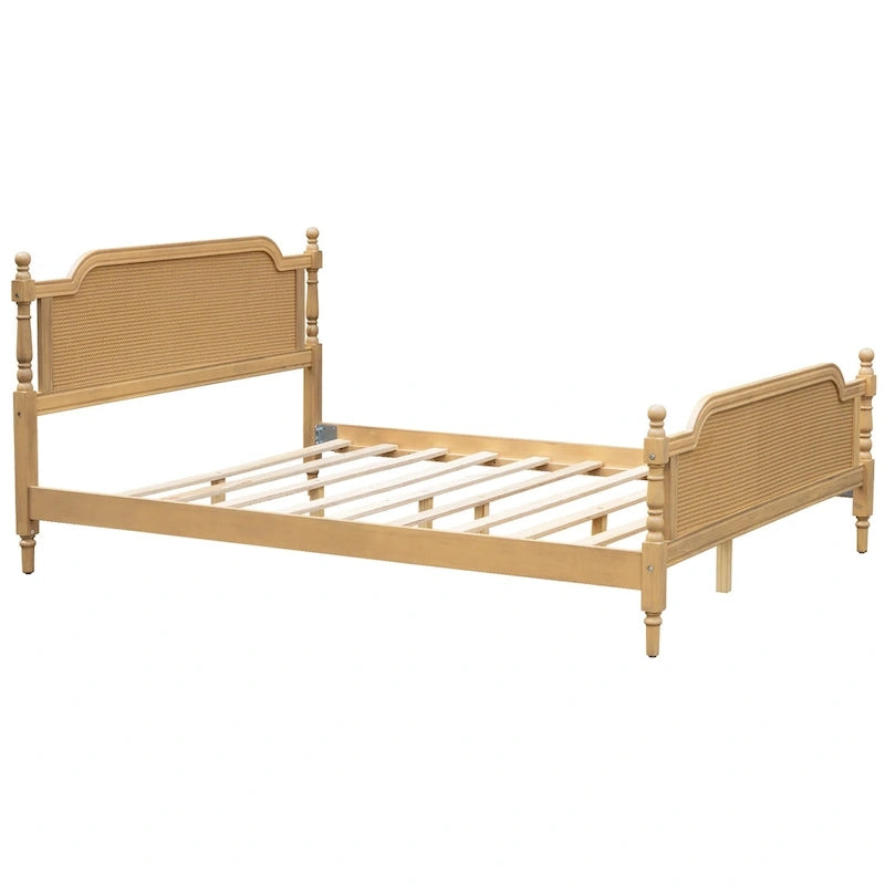 Cadre de lit plateforme en noyer / rotin blanc, King / Queen, aucun sommier tapissier requis