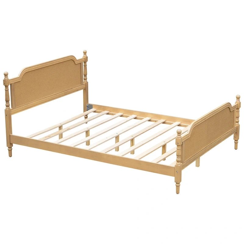 Cadre de lit plateforme en noyer / rotin blanc, King / Queen, aucun sommier tapissier requis