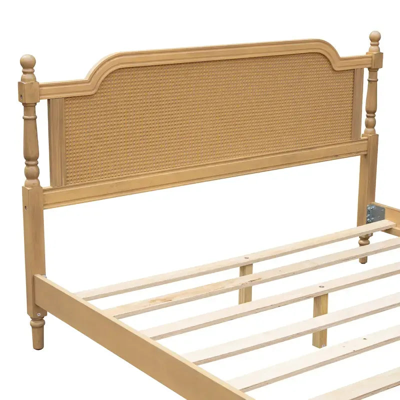 Cadre de lit plateforme en noyer / rotin blanc, King / Queen, aucun sommier tapissier requis