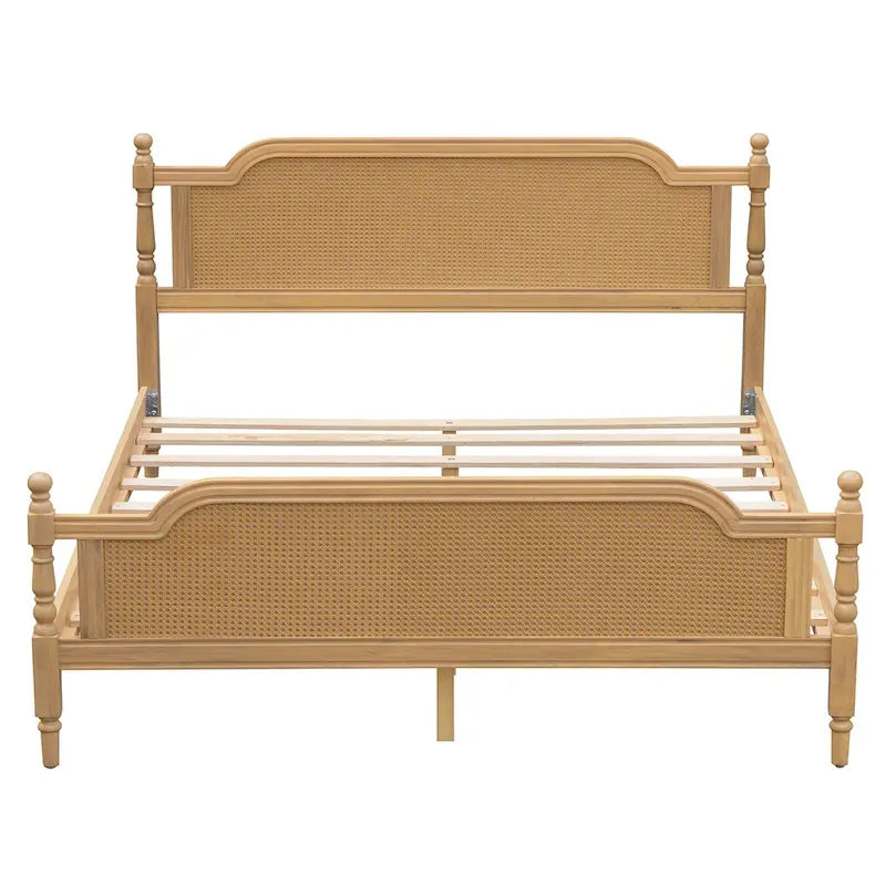 Cadre de lit plateforme en noyer / rotin blanc, King / Queen, aucun sommier tapissier requis