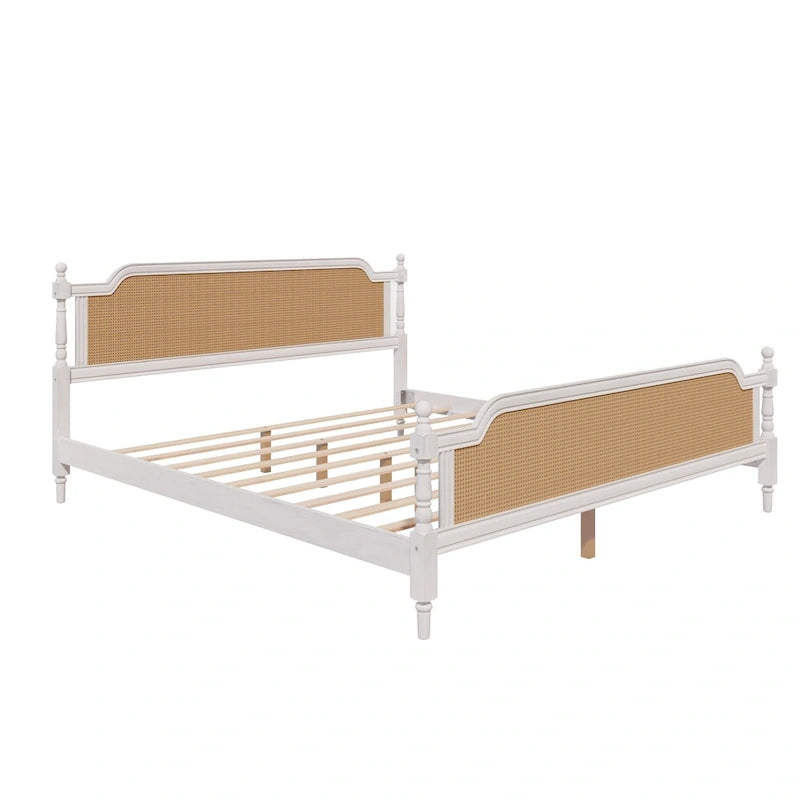 Cadre de lit plateforme en noyer / rotin blanc, King / Queen, aucun sommier tapissier requis