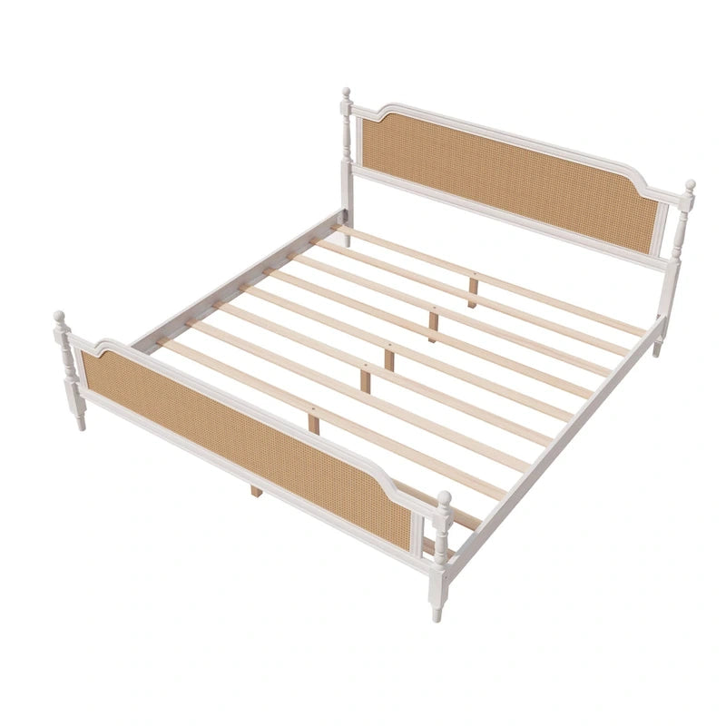 Cadre de lit plateforme en noyer / rotin blanc, King / Queen, aucun sommier tapissier requis