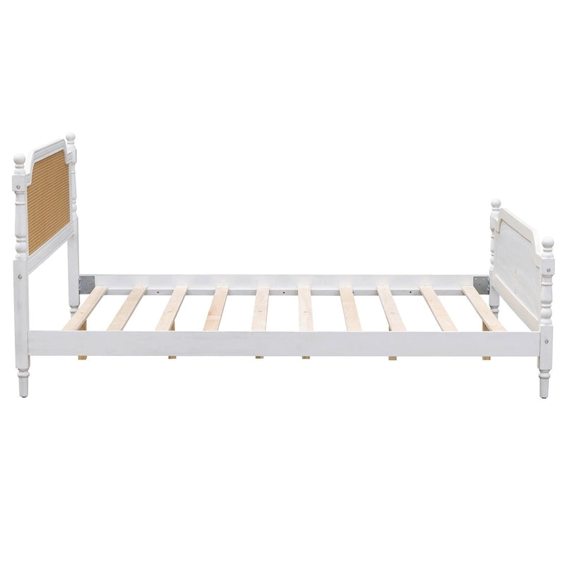 Cadre de lit plateforme en noyer / rotin blanc, King / Queen, aucun sommier tapissier requis