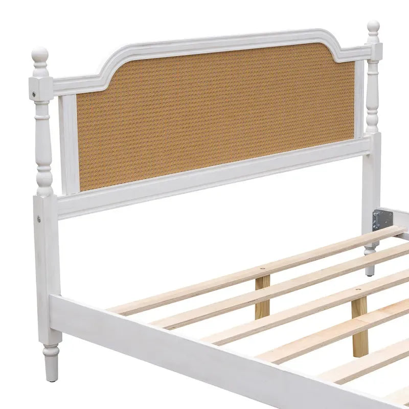 Cadre de lit plateforme en noyer / rotin blanc, King / Queen, aucun sommier tapissier requis