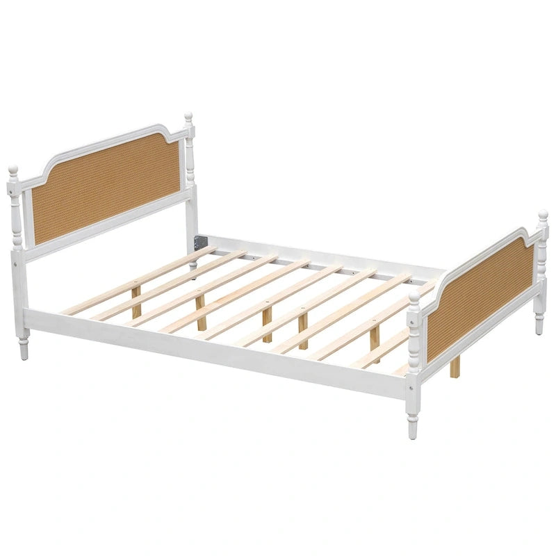 Cadre de lit plateforme en noyer / rotin blanc, King / Queen, aucun sommier tapissier requis